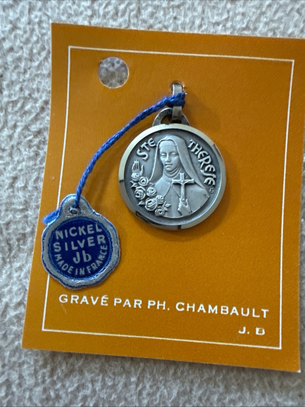 Vintage 1960s French St Therese Medal Signed JB Ph Chambault Nickel Silver NOS